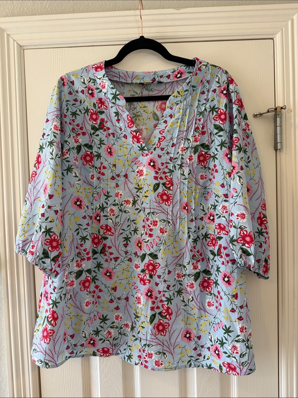 Floral V-Neck Women’s Top in Light Blue, Red and Pink by Bloomchic